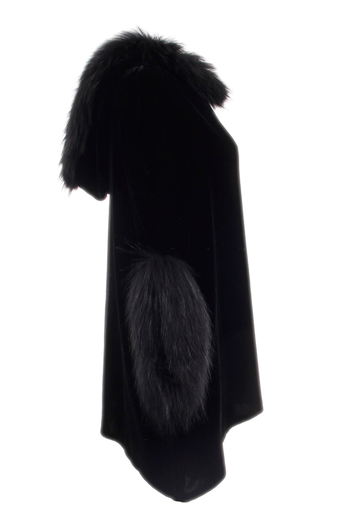 Velvet Hoodie Poncho + Fur, Black, Dolce Cabo