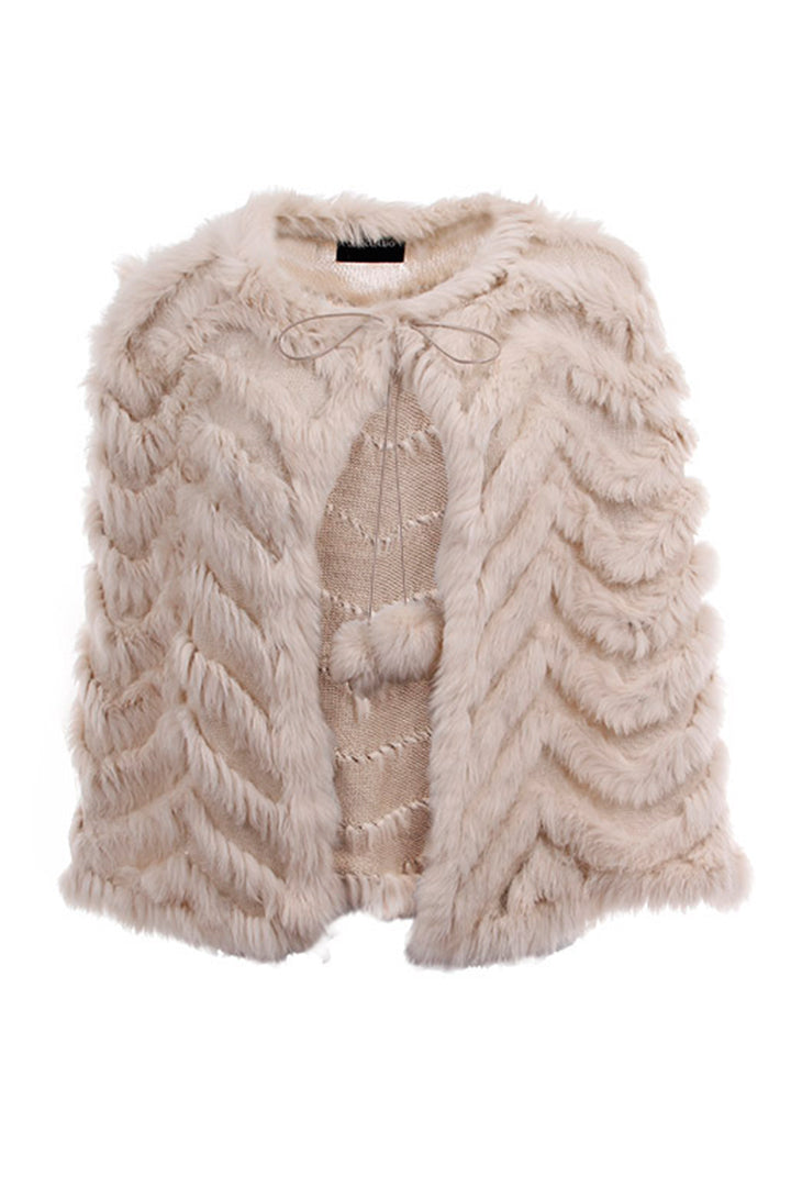 Rabbit Fur Pom Pom Capelet, Beige, Dolce Cabo