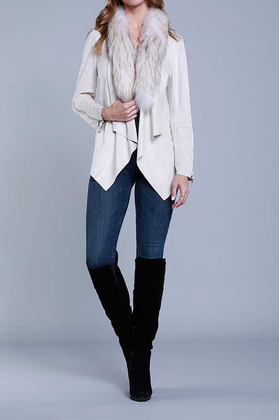 Load image into Gallery viewer, Faux Suede Draped Jacket with Natural Fur Collar
