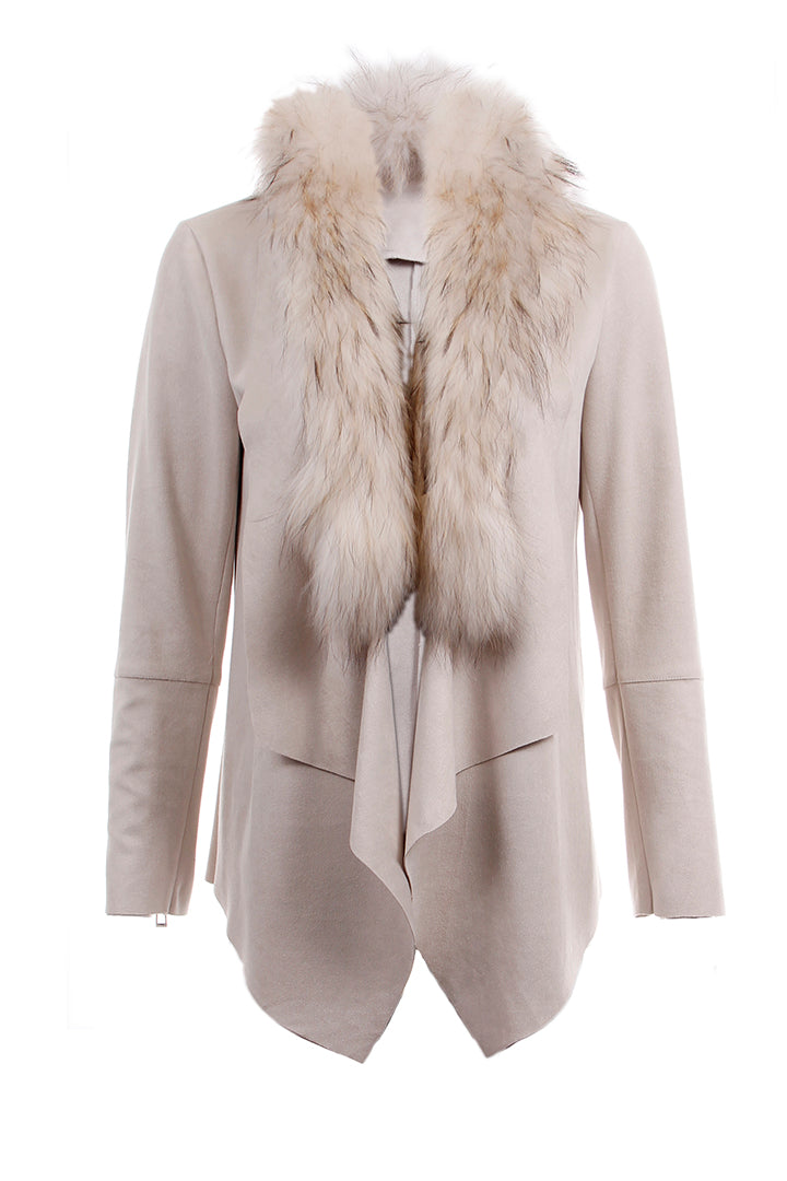 Load image into Gallery viewer, Faux Suede Drape Jacket + Fur, Beige, Dolce Cabo
