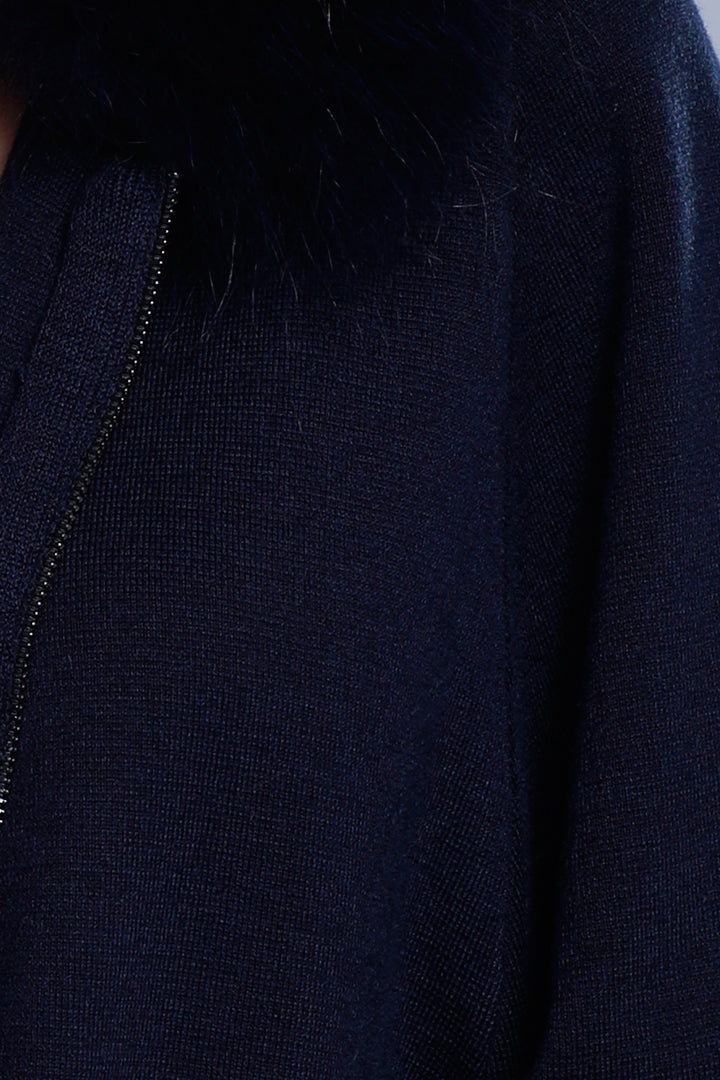 Knitted Jacket + Raccoon Collar, Navy, Dolce Cabo