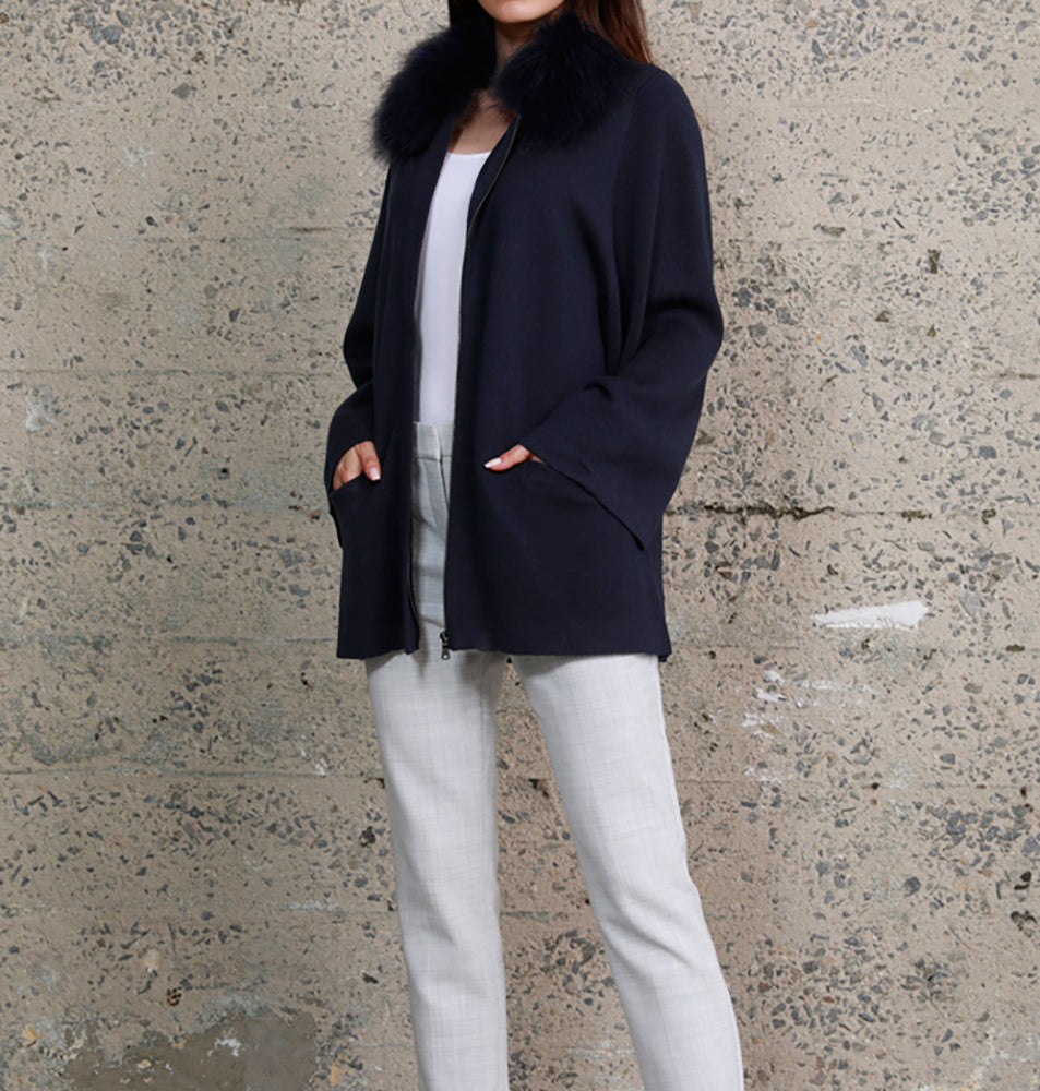 Knitted Jacket with Natural Raccoon Fur Collar