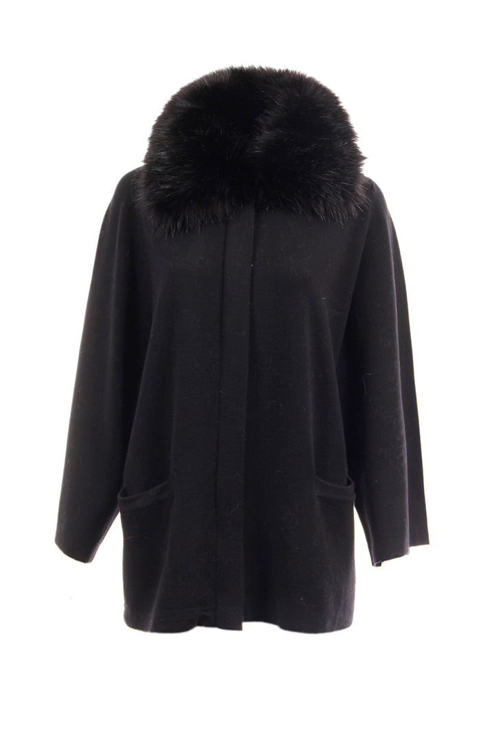 Knitted Jacket + Raccoon Collar, Black, Dolce Cabo