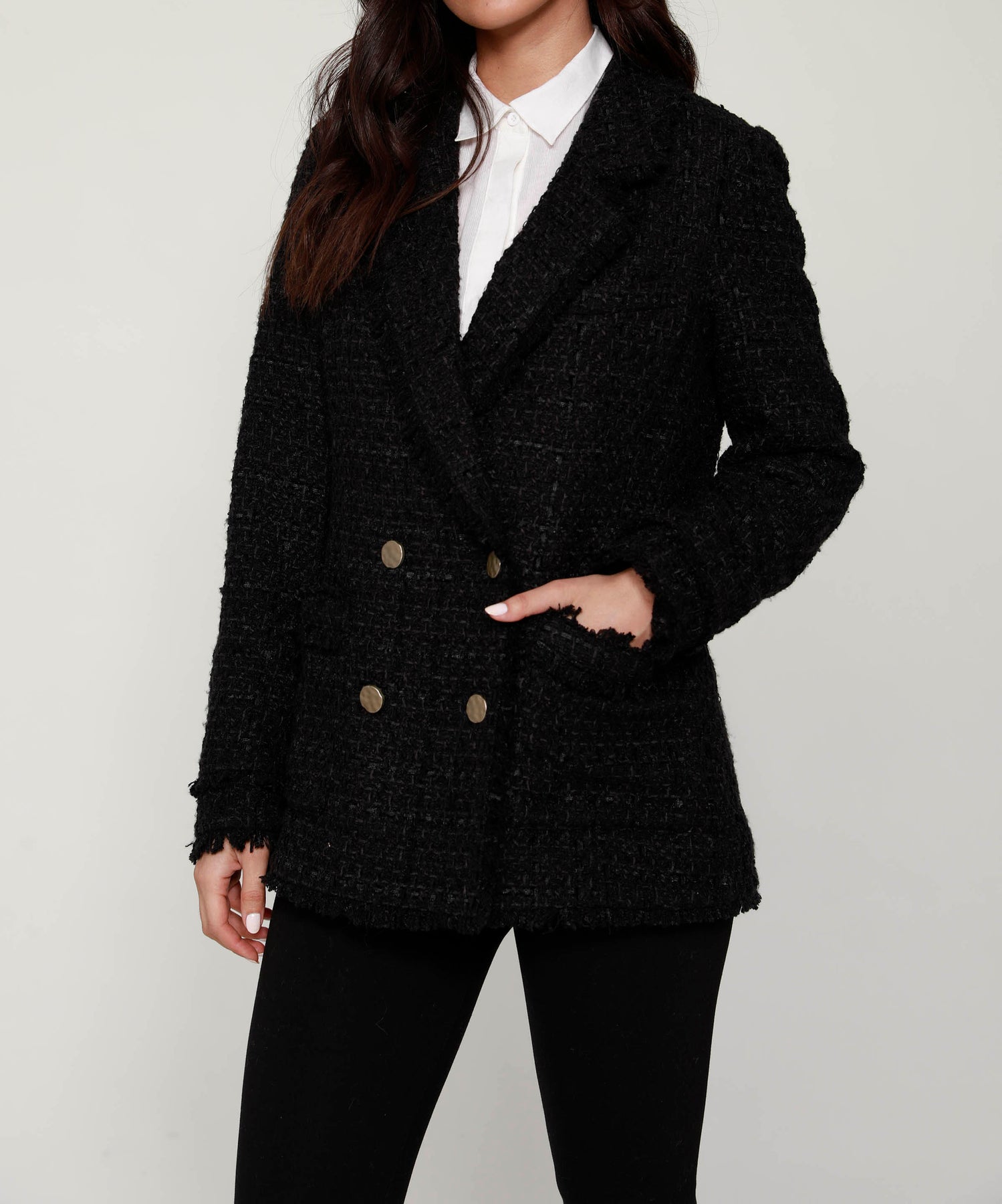 Double-Breasted Tweed Fringe Blazer – Dolce Cabo