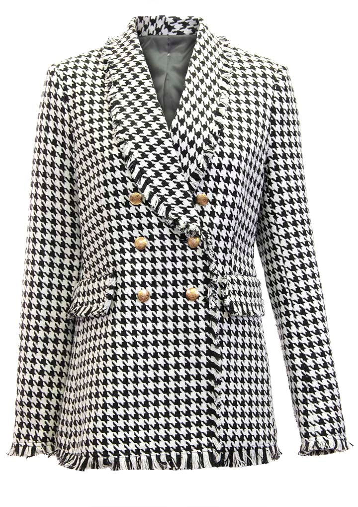 Load image into Gallery viewer, Double- Breasted Houndstooth Fringe Blazer
