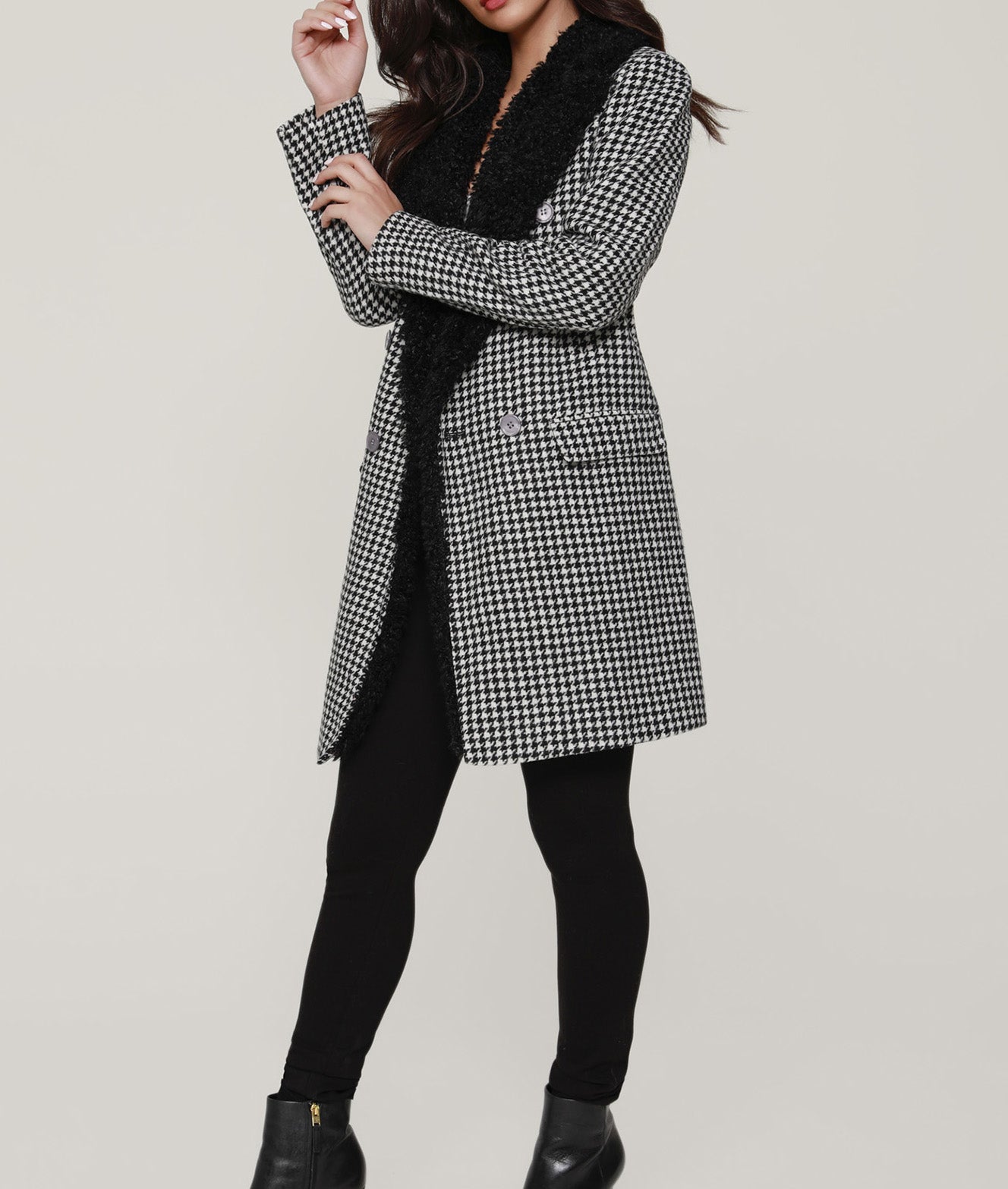 Faux Shearling Lined Houndstooth Coat