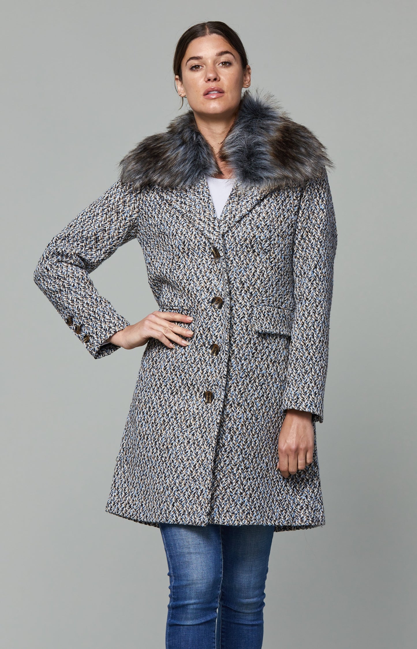 Plus Size Tweed Coat with Faux Fur Collar