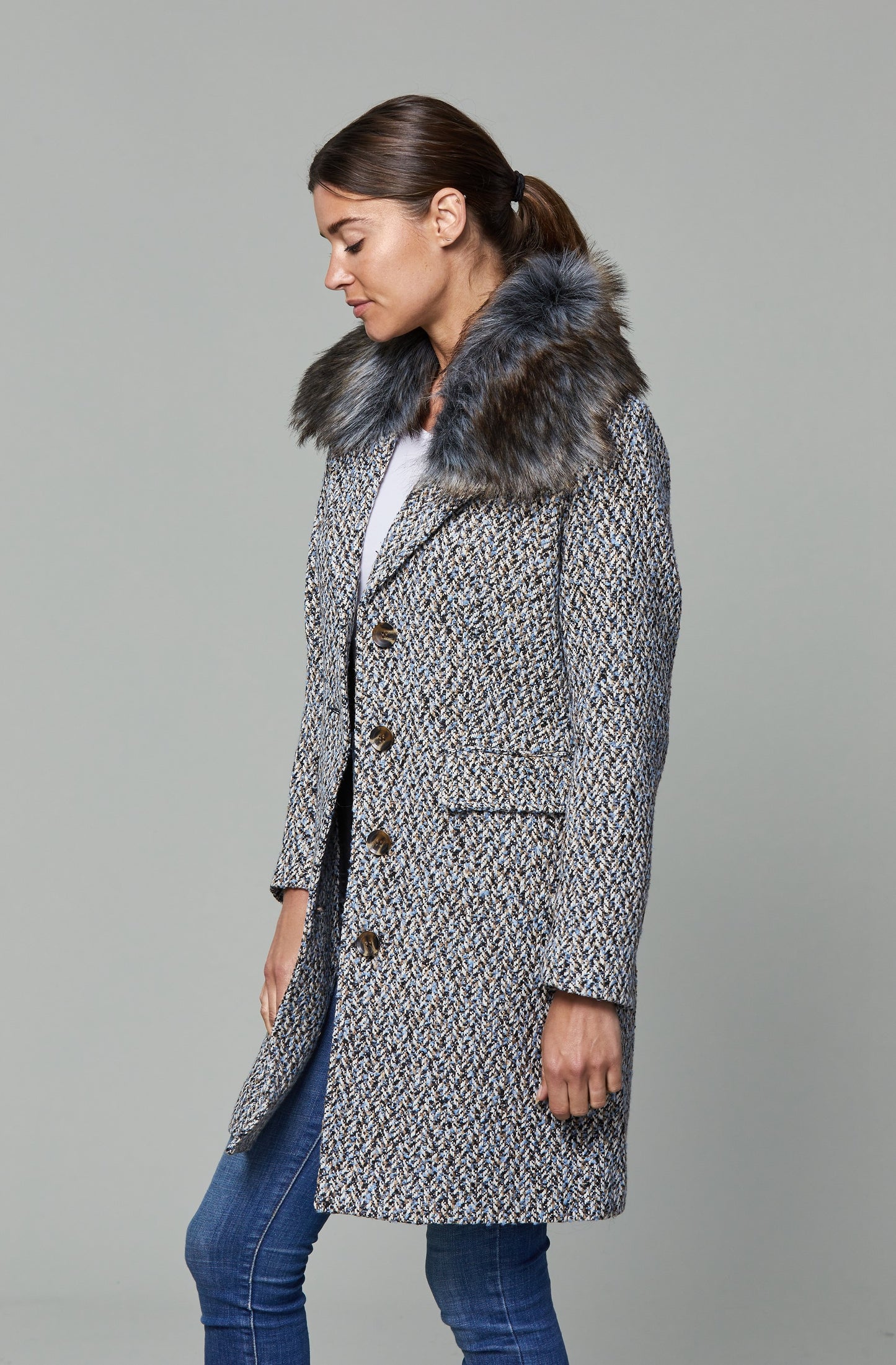 Plus Size Tweed Coat with Faux Fur Collar