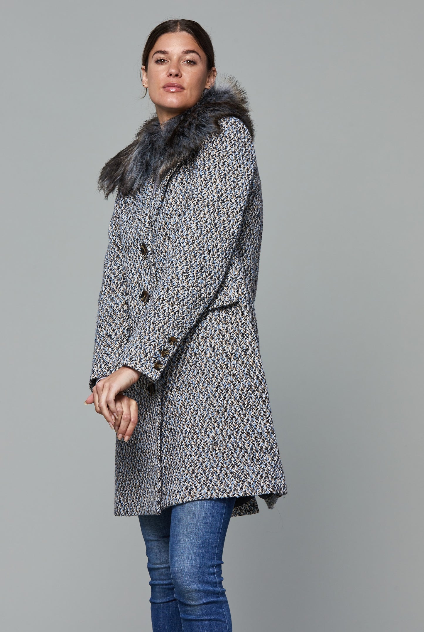 Tweed Coat with Faux Fur Collar – Dolce Cabo