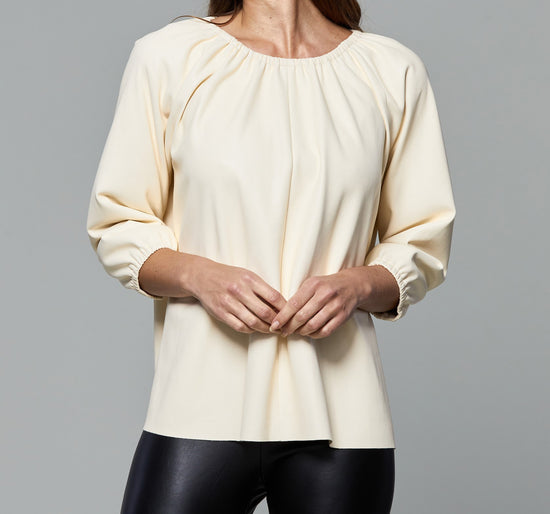 Vegan Leather Puff Sleeve Top with Gathered Neckline