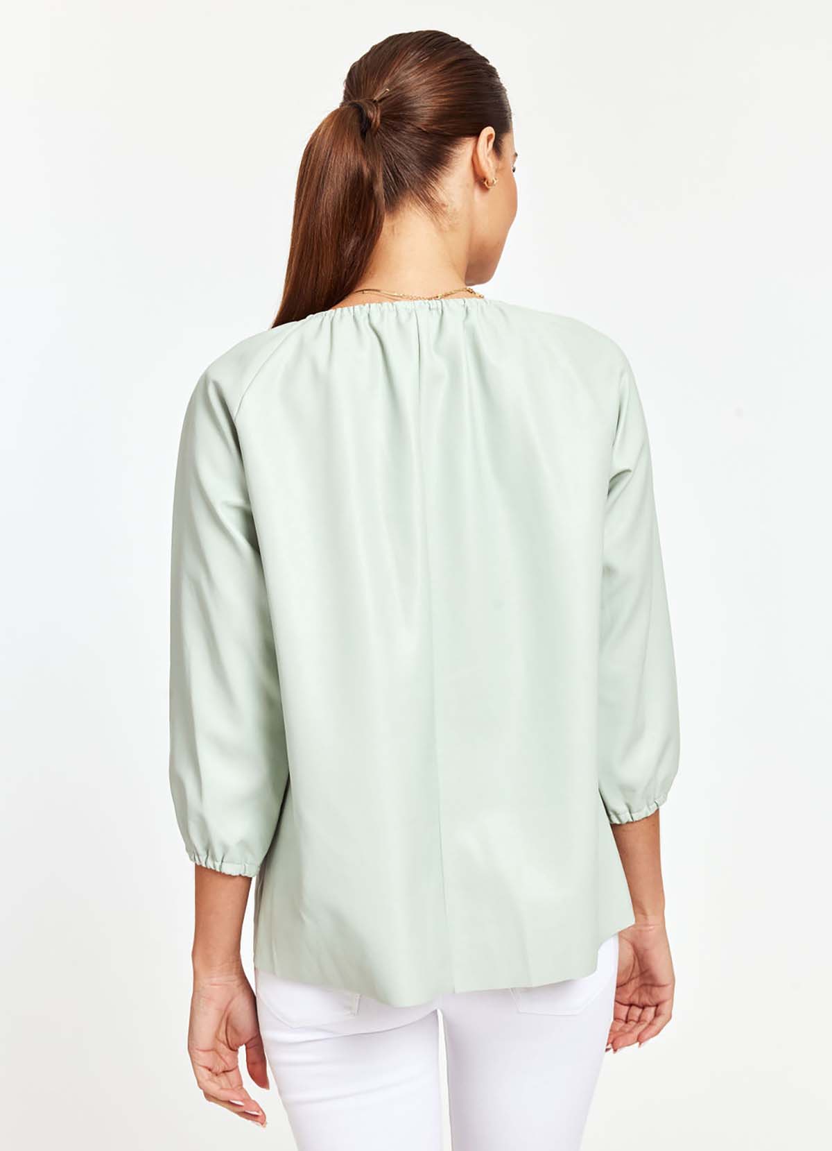 Vegan Leather Puff Sleeve Top with Gathered Neckline