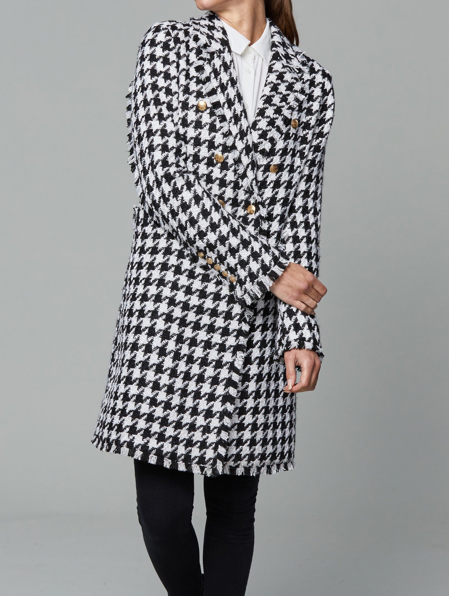 Double Breasted Tweed Fringe Blazer