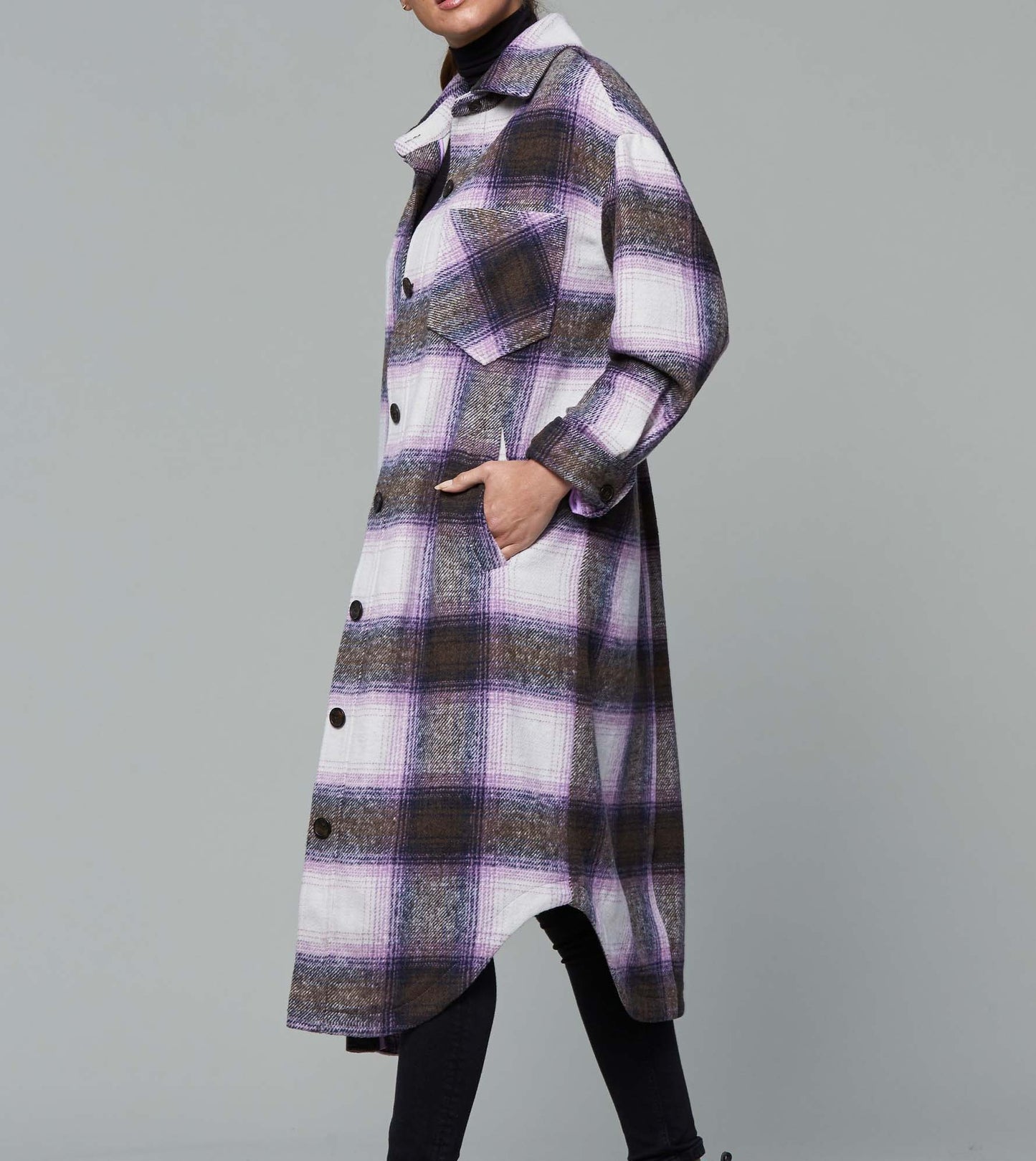 Brushed Flannel Plaid Long Shirt Jacket