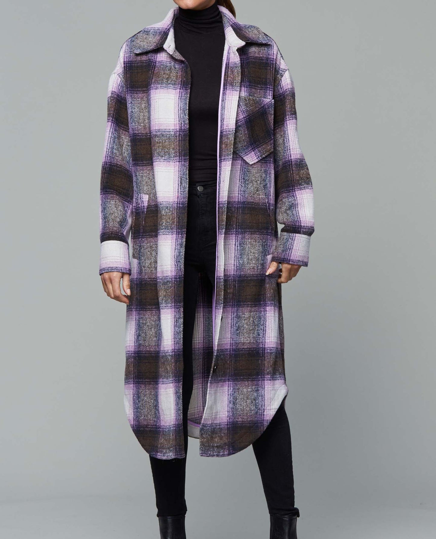 Brushed Flannel Plaid Long Shirt Jacket