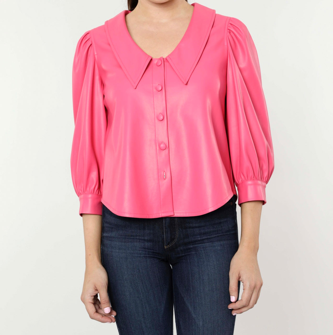 Faux Leather Blouse with Puff Sleeves