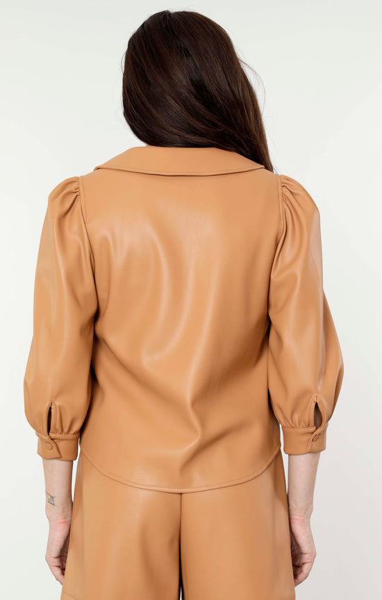 Load image into Gallery viewer, Collared Puff Sleeve Vegan Leather Top
