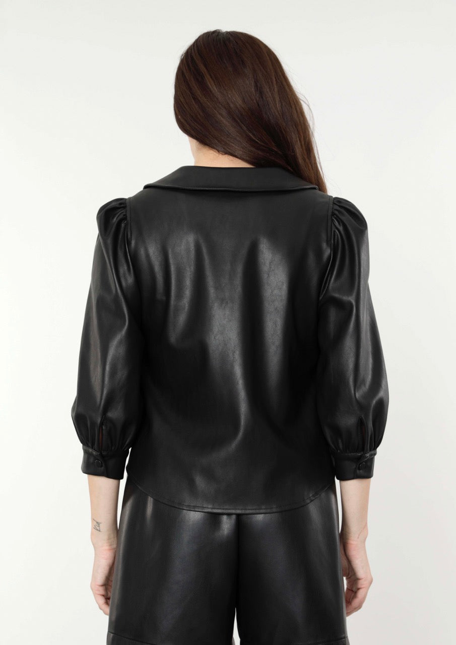 Faux Leather Blouse with Puff Sleeves