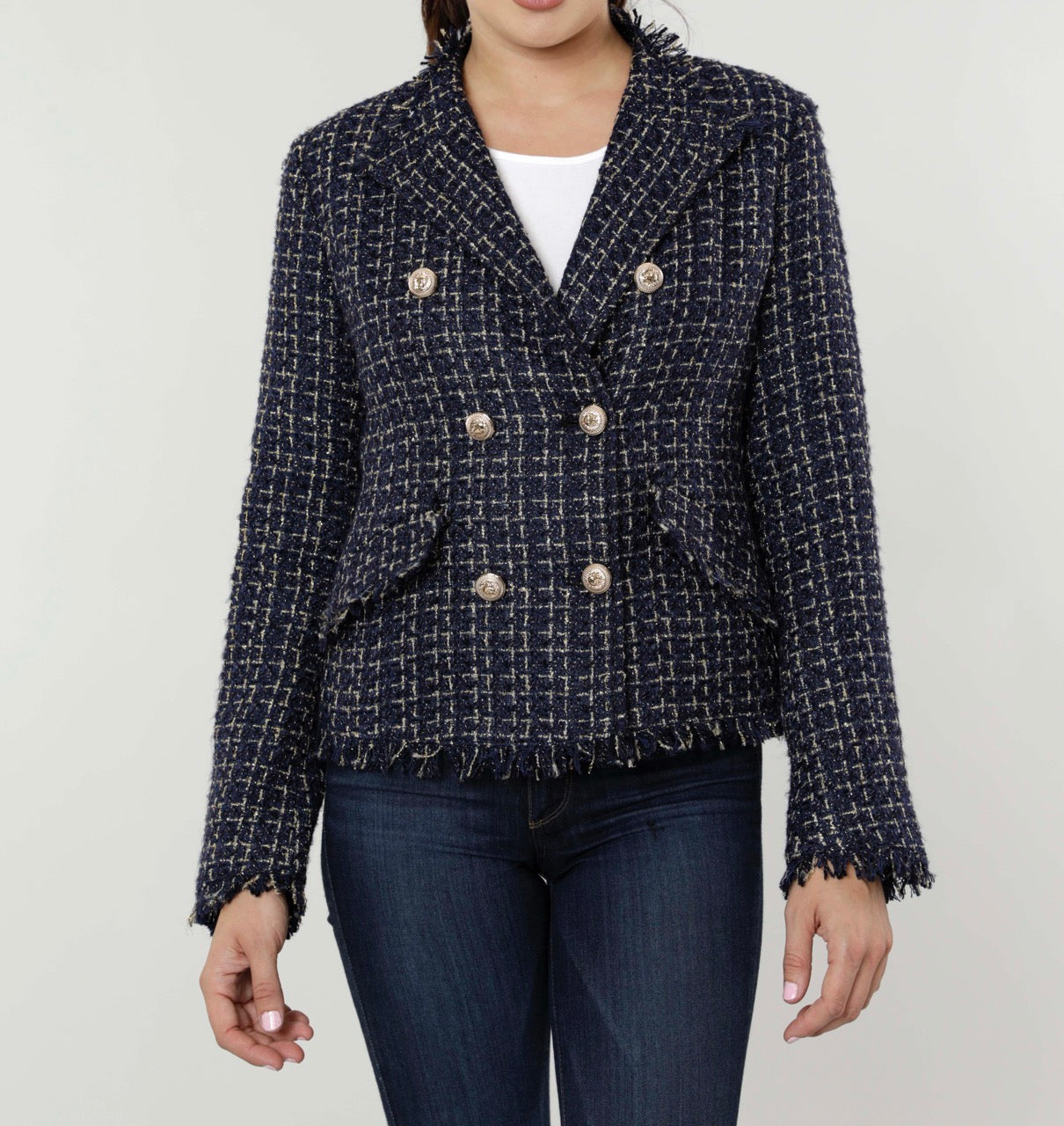 Navy Blue Tweed Blazer with Fringe – Dolce Cabo