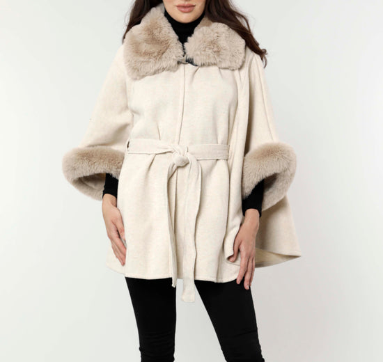 Faux Fur Trim Belted Cape