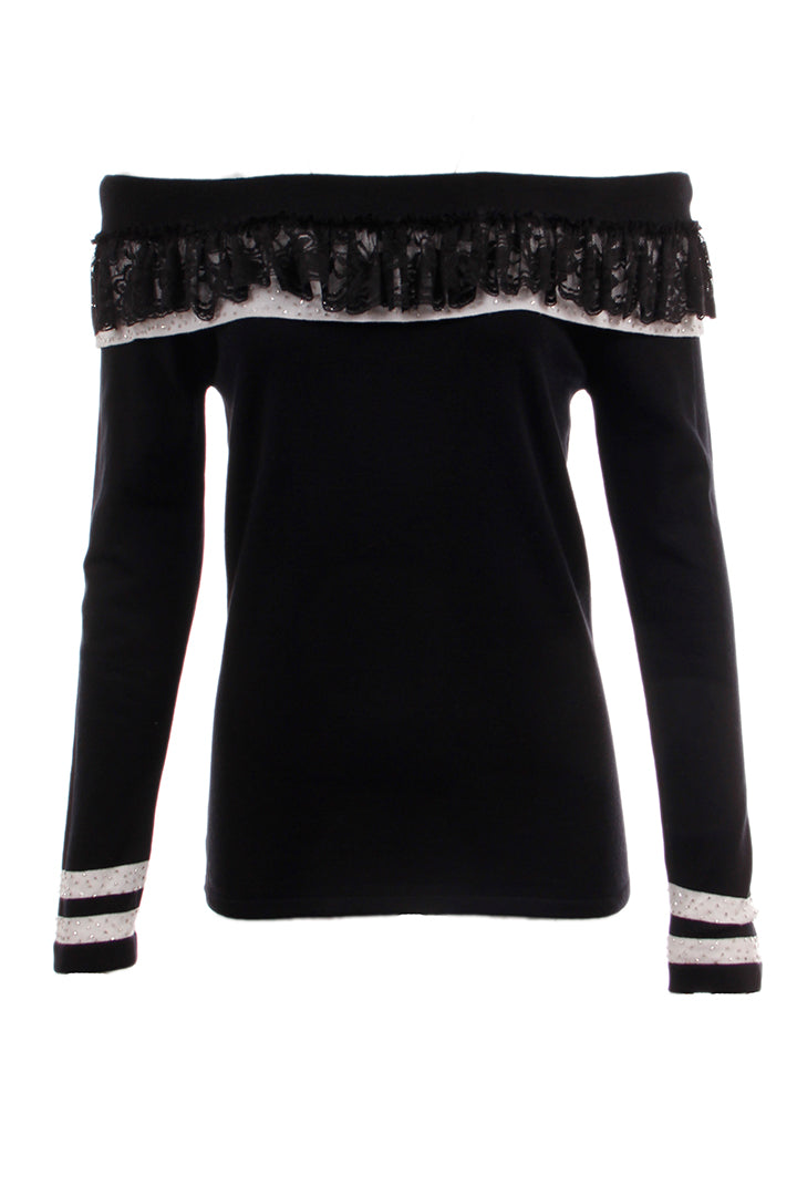 Off-Shoulder Ruffle Lace Blouse, Black, Dolce Cabo